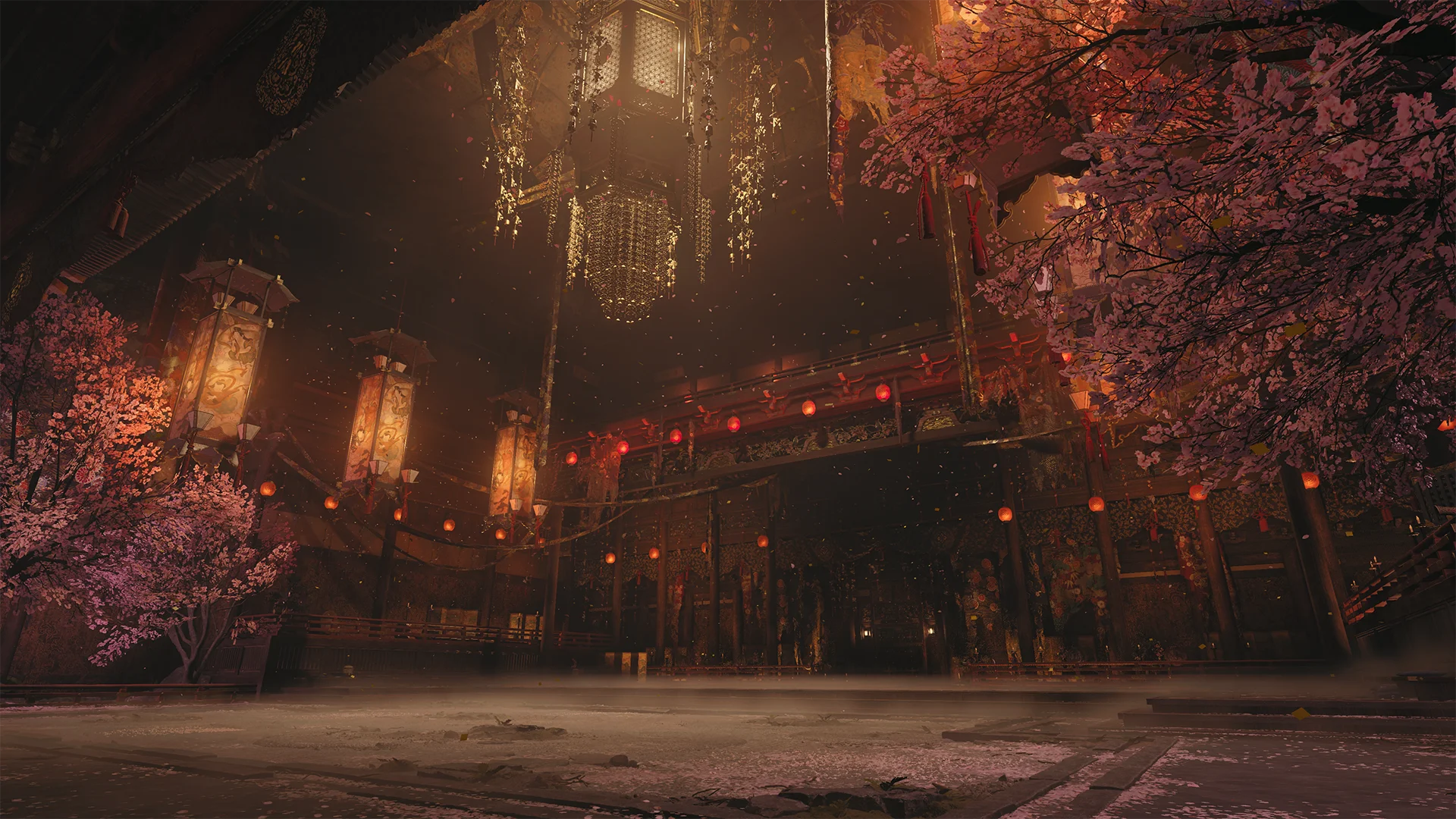 A lantern-lit temple hall wreathed in cherry blossom