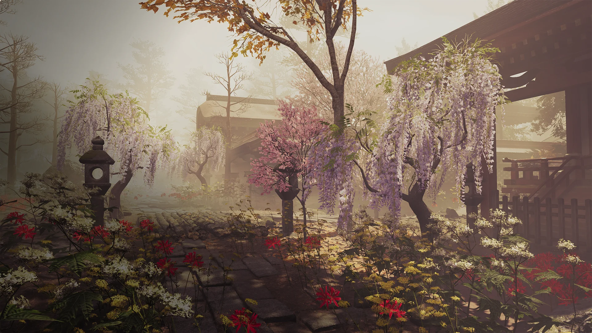 A mist-wrapped temple garden of wisteria, sakura and red spider lilies